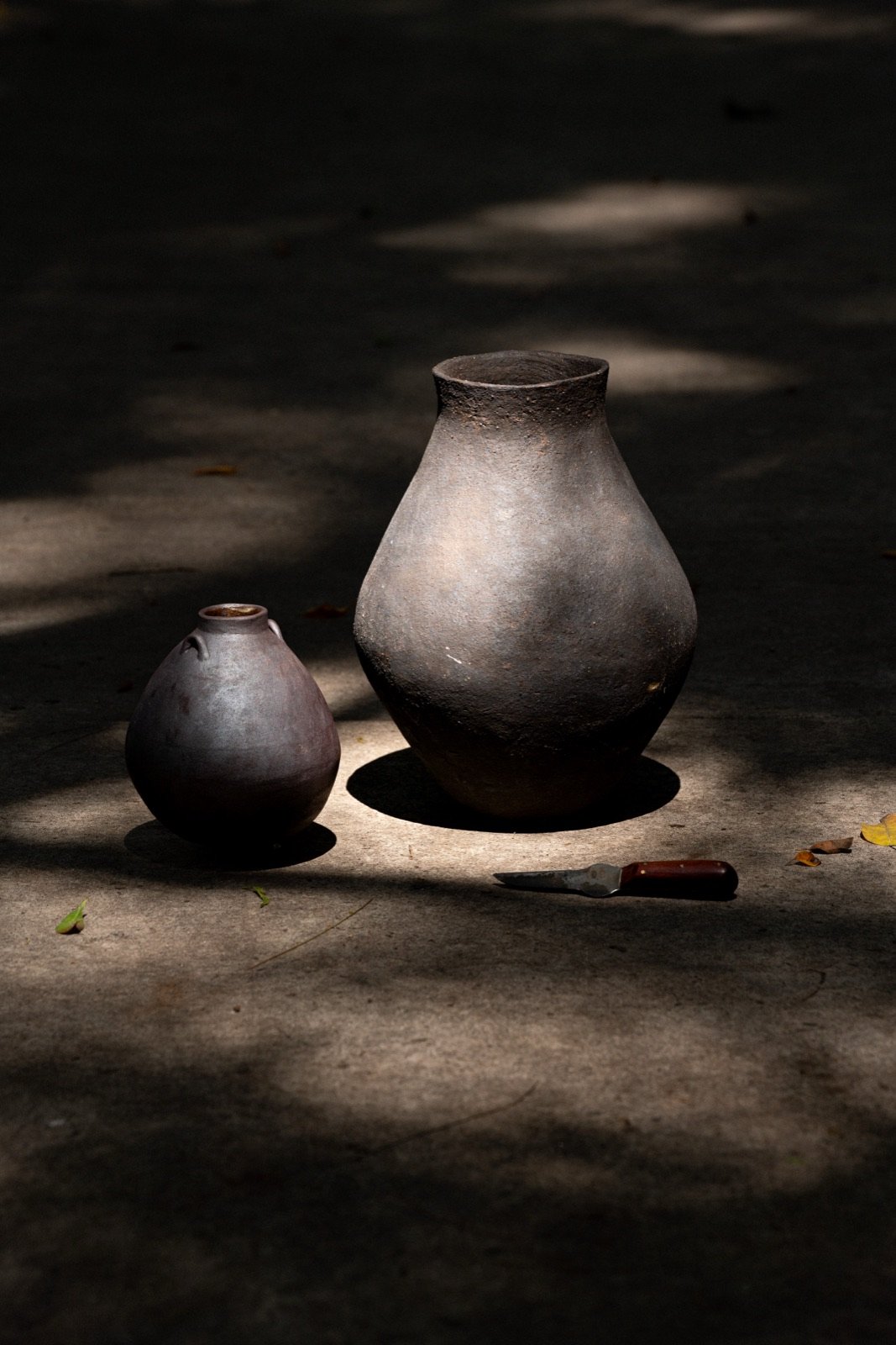Two dark vessels in dappled light