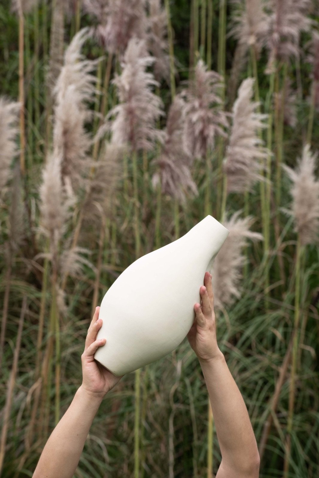 Hands raising a white vessel among tall grass